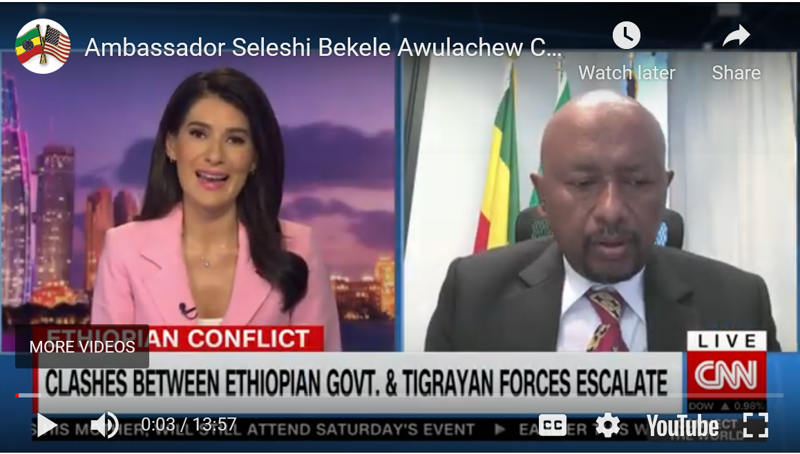 H.E Ambassador Seleshi Bekele had an interview with CNN’s Eleni Giokos and discussed recent developments in Ethiopia, including -TPLF belligerents 3rd round attack, -The Federal Government’s readiness for peace etc.